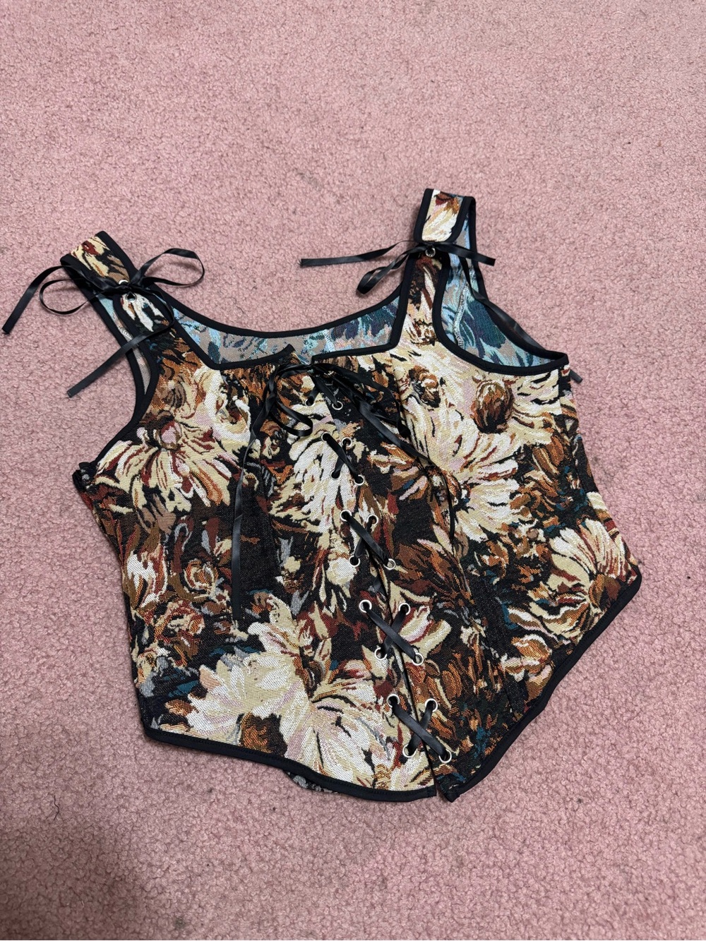 Floral Lace-Up Brocade Corset - Brown Multi